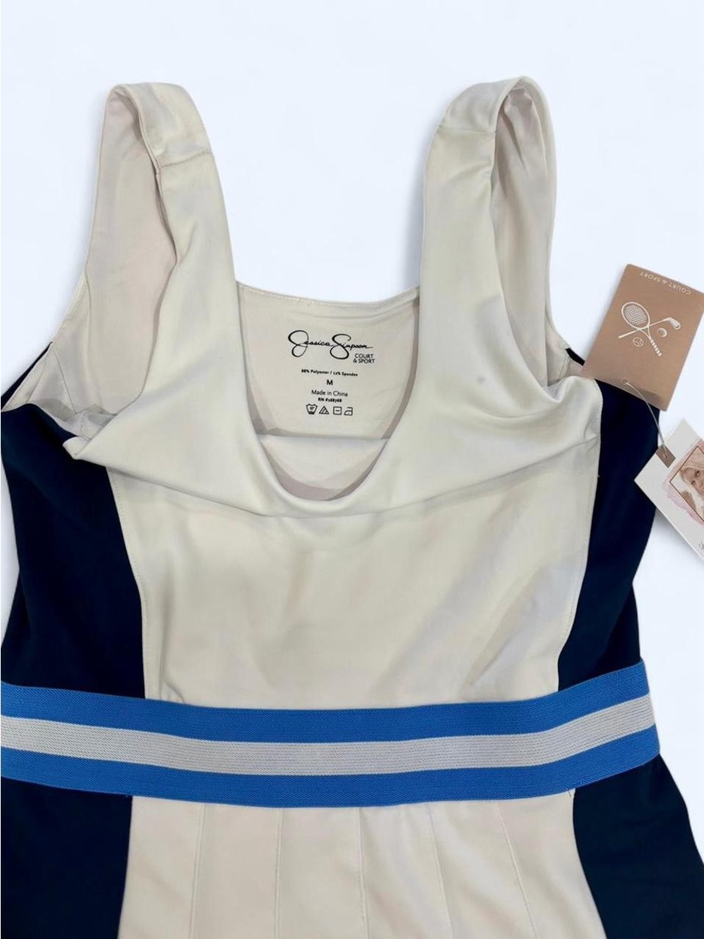 Jessica Simpson Cream and Navy Sport Dress with Blue Waist Stripe